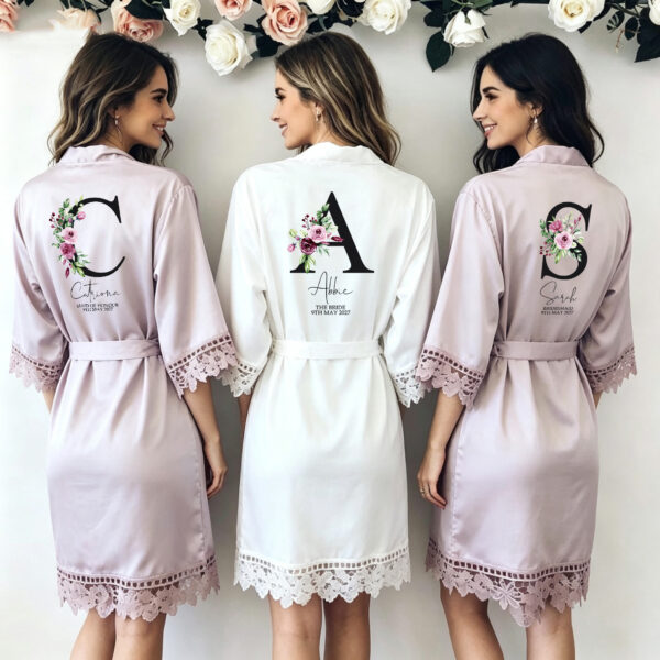 Bridal Party Lace Trim Satin Robe (Floral Design)