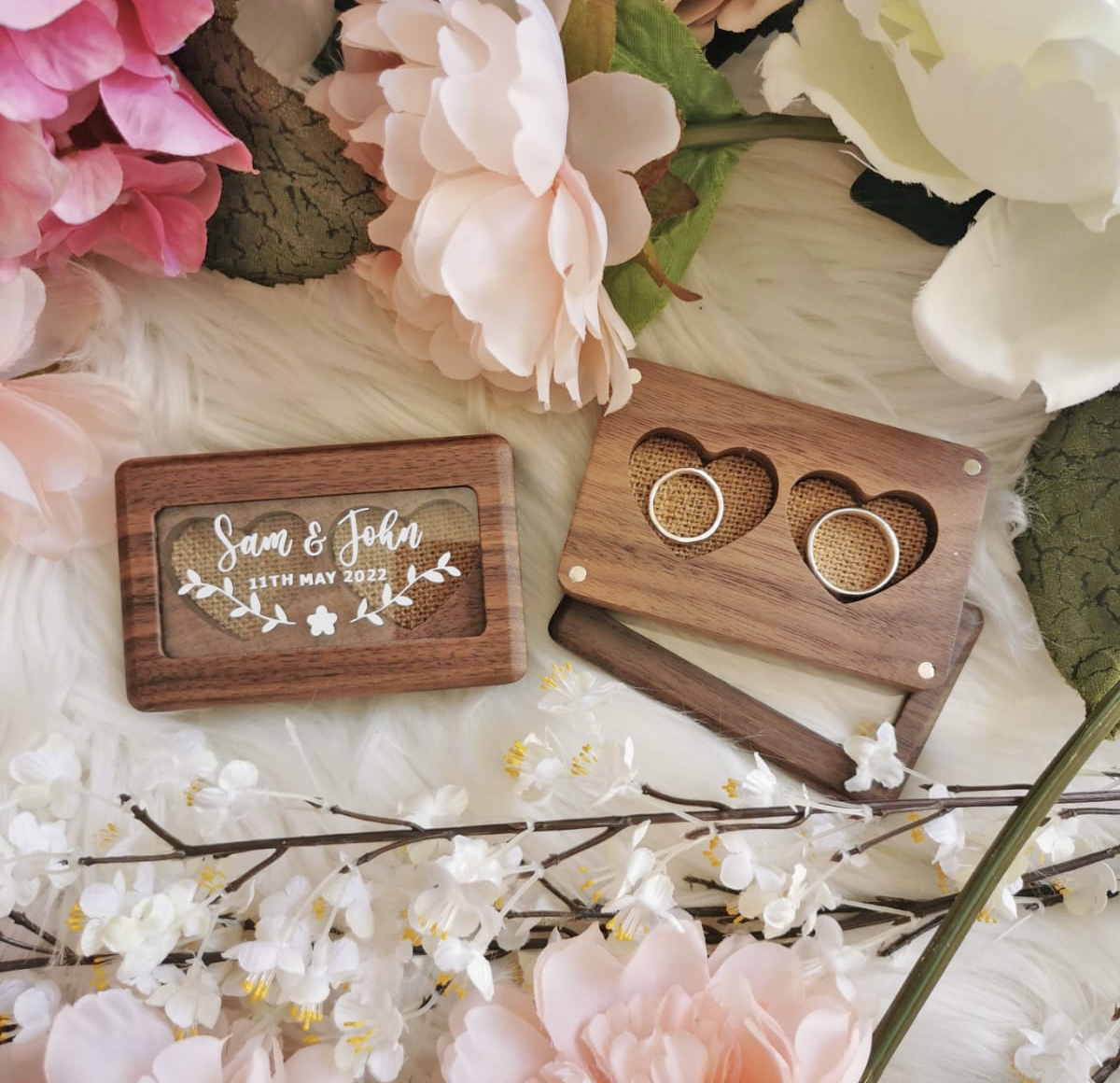 Walnut Wood Flat Square Double Ring Box for Engagement Proposal Wedding |  eBay