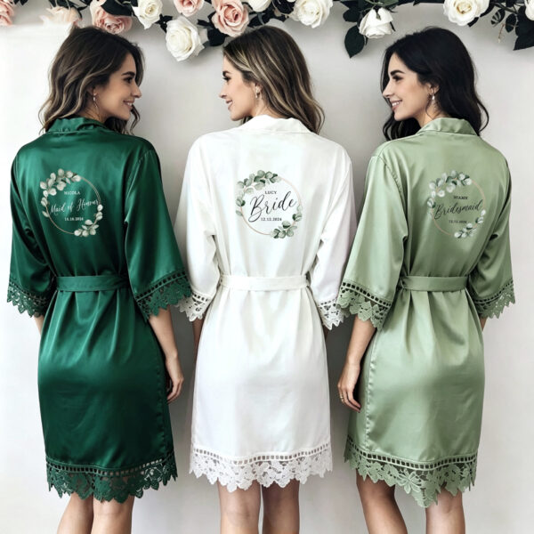 Bridal Party Lace Trim Satin Robe (Eucalyptus design)