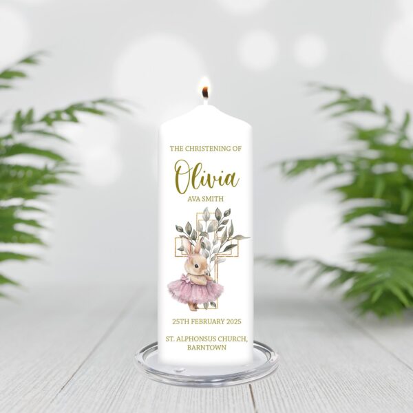 Pink Rabbit Christening Candle